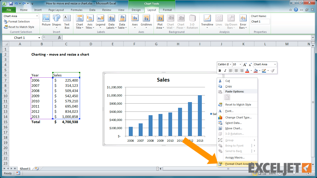 Excel tutorial How to move and resize a chart in Excel